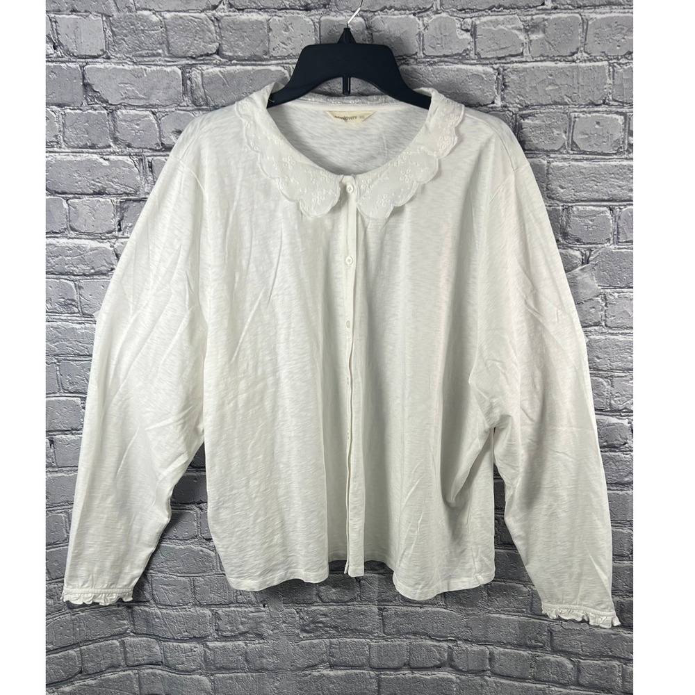 WoolOvers White Organic Cotton Embroidered Petal Collar Top ‎ XXL